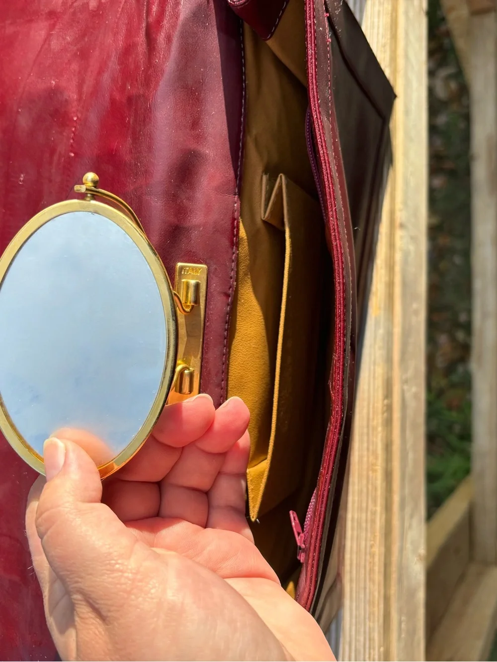 vintage Lou Taylor Italian leather swivel mirror clutch
